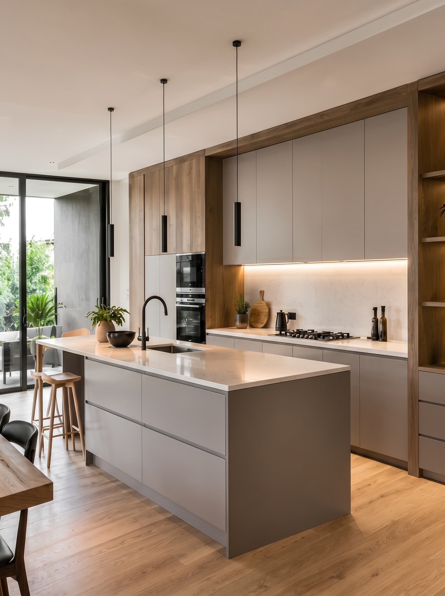 Cocina a medida con isla central, cubierta clara y muebles en madera y tonos neutros